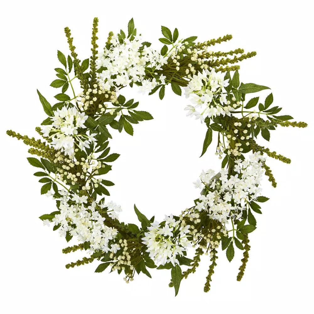 Nearly Natural 24 in. White Mixed Floral Artificial Wreath with Green Foliage