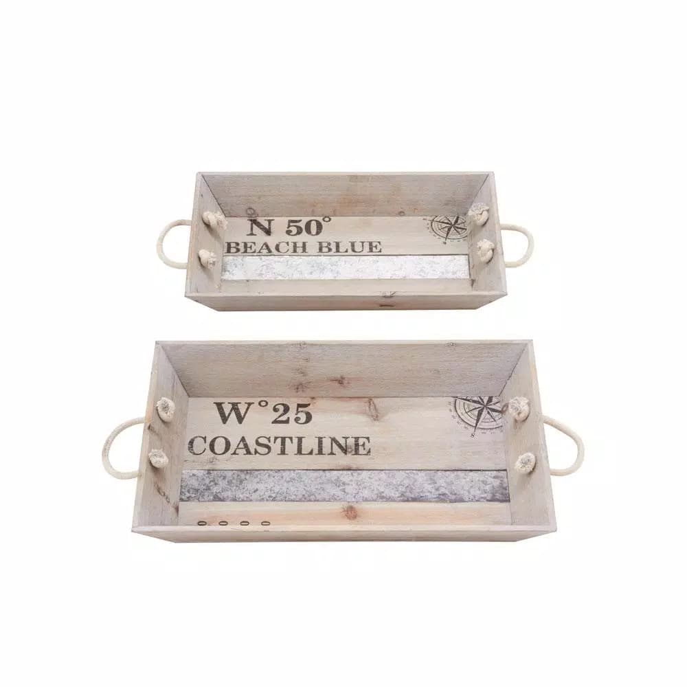 LITTON LANE Coastline Coastal Living Fir Wood and Iron Decorative Tray Set of 2