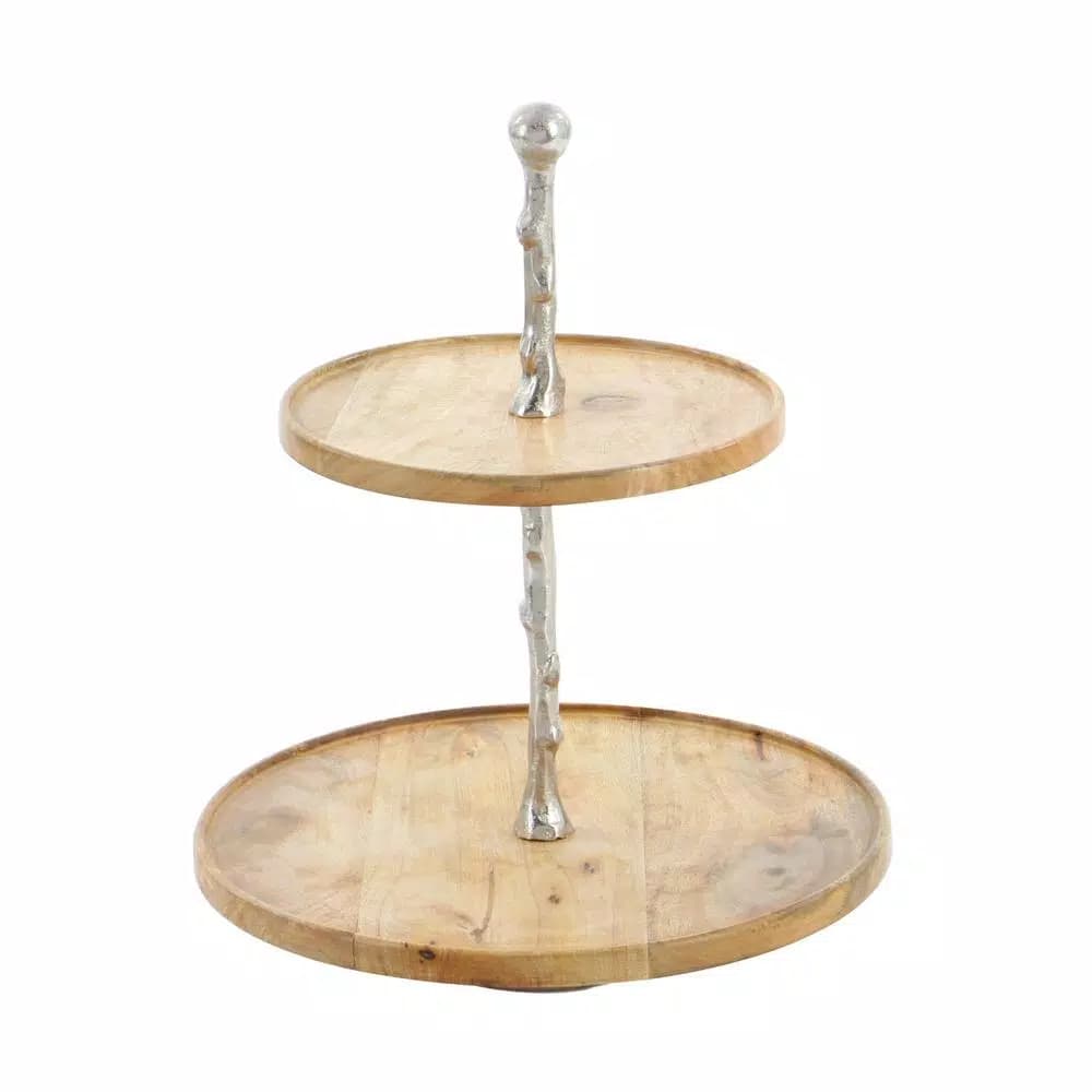 LITTON LANE 2-Tiered Round Mango Wood and Aluminum Tray Stand, Oak Finish