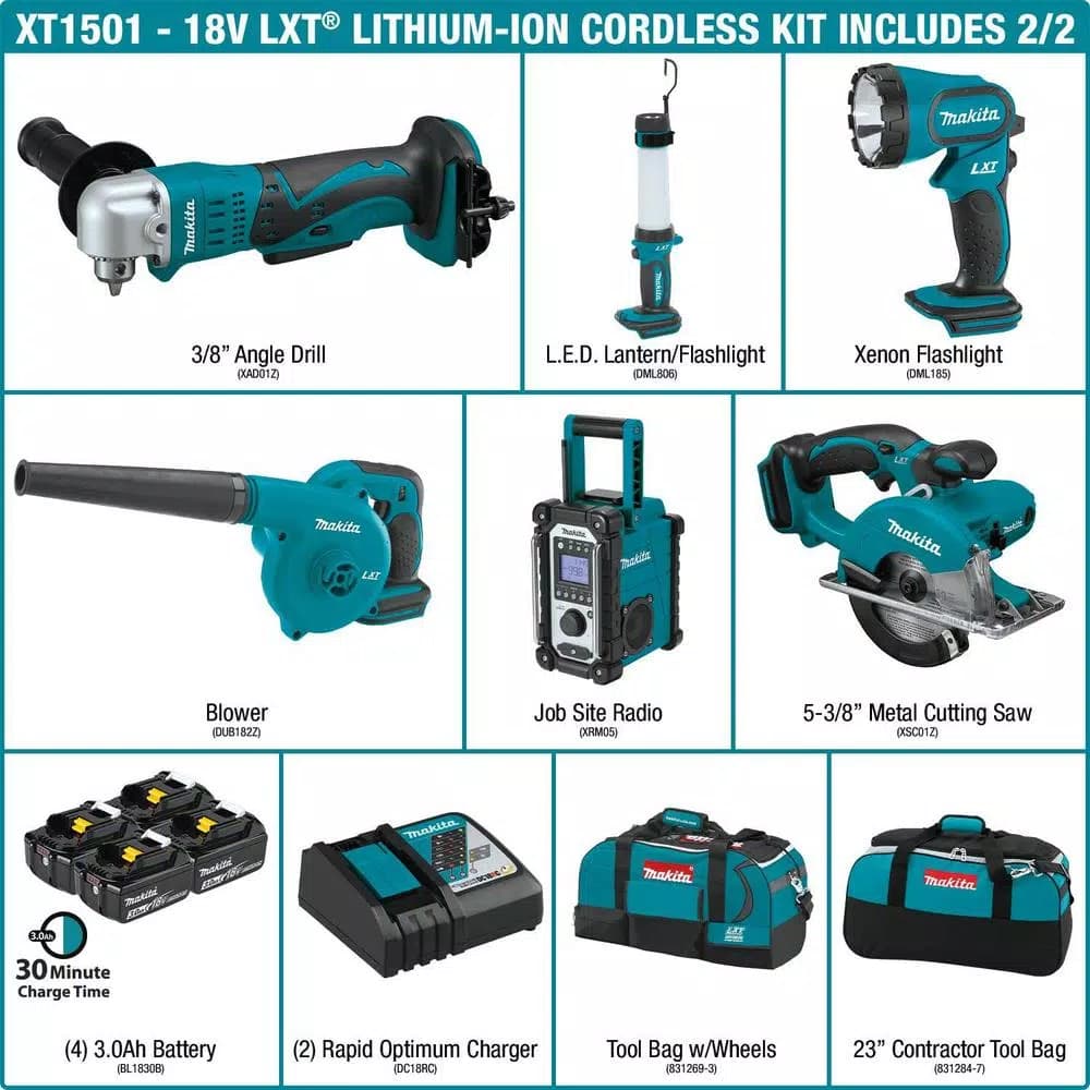 Makita 18V LXT Lithium-Ion Cordless 15-Piece Combo Kit with (4) 3.0 Ah Batteries, Chargers, and Bags