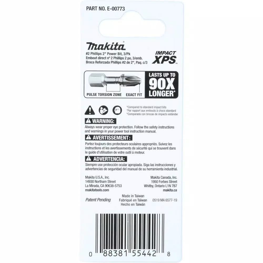 Makita ImpactXPS #2 Phillips 2 in. Power Bits, 3-Pack