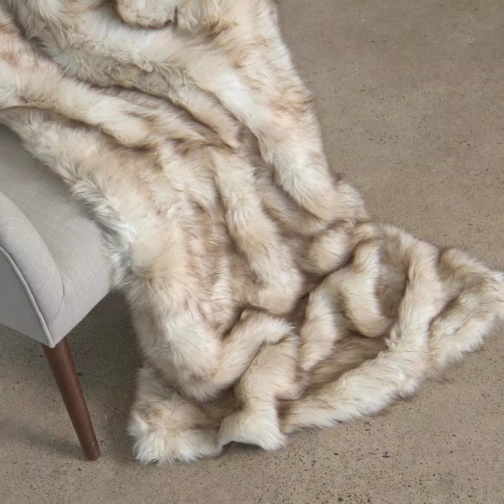 Best Home Fashion Champagne Fox Faux Fur Throw Blanket, 58 in. x 84 in.