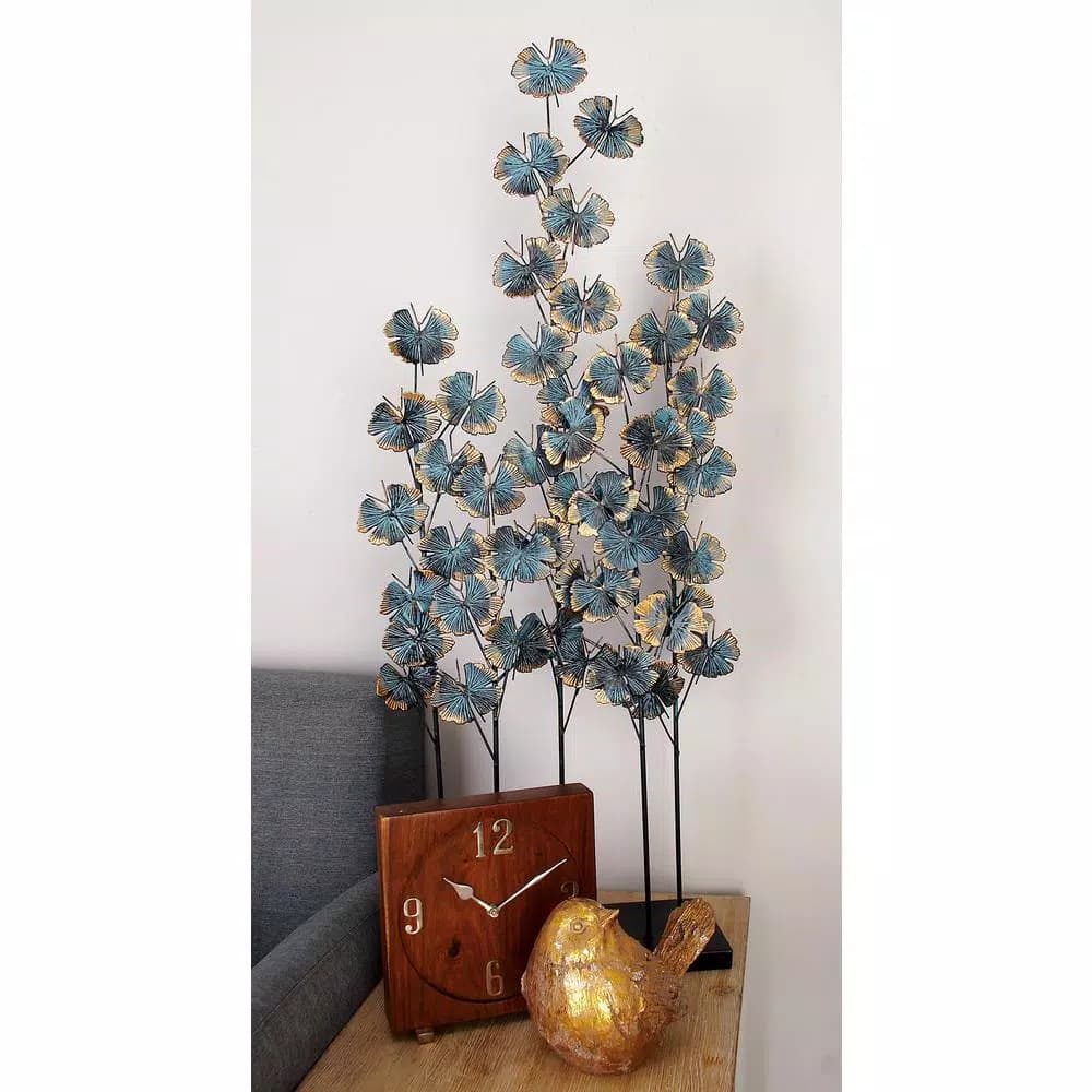 LITTON LANE Iron Metal Turquoise Ginkgo Leaves Sculpture with Gold Outline and Rectangular Base