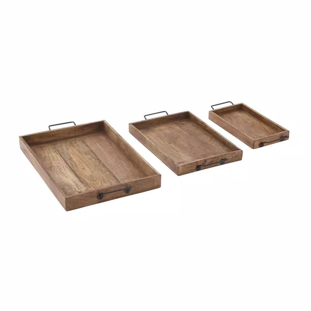 LITTON LANE Mahogany Brown Mango Wood and Iron Slat-Style Farmhouse Trays, Set of 3