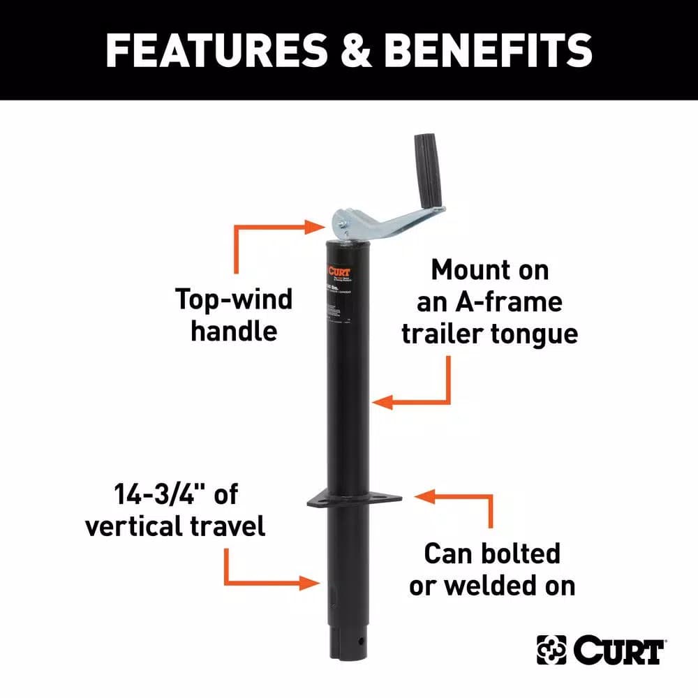 CURT A-Frame Trailer Jack with Top Handle, 2,000 lbs. Capacity, 15 in. Travel
