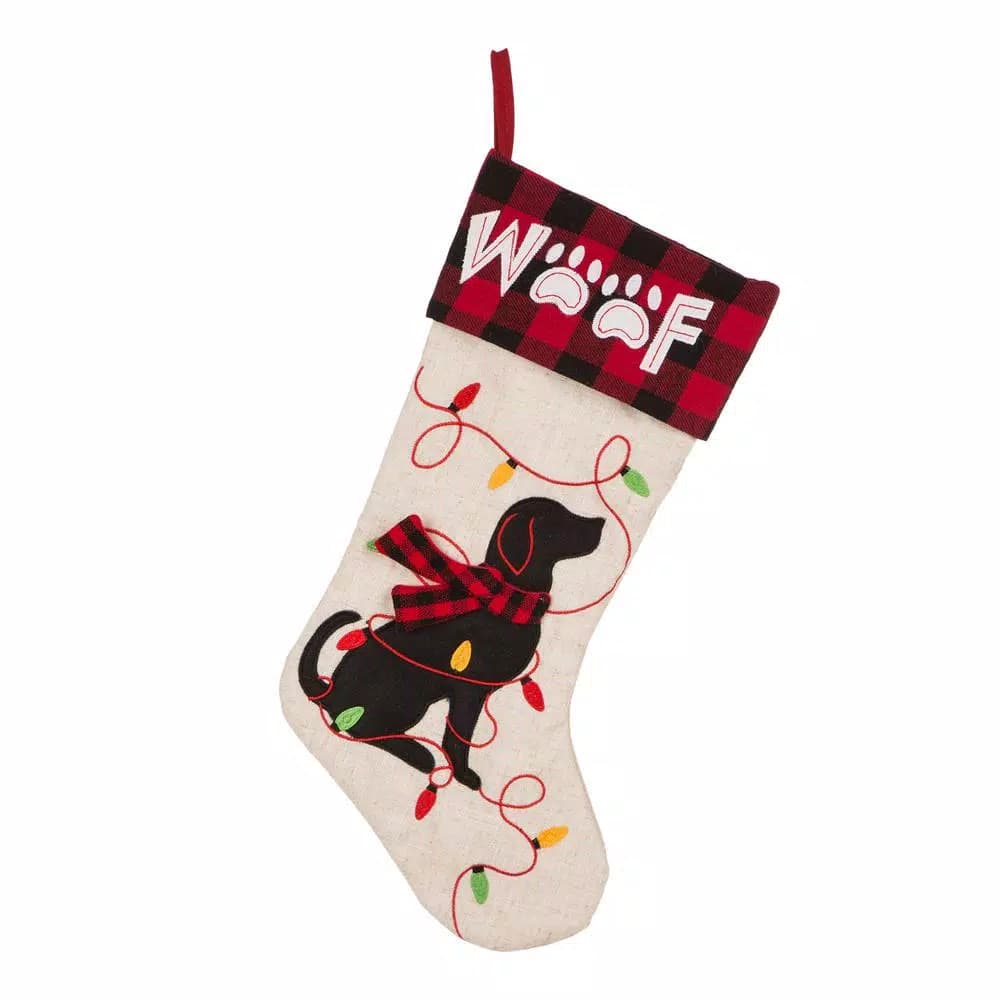 Glitzhome 21 in. LED Embroidered Linen Christmas Stocking - Dog Theme