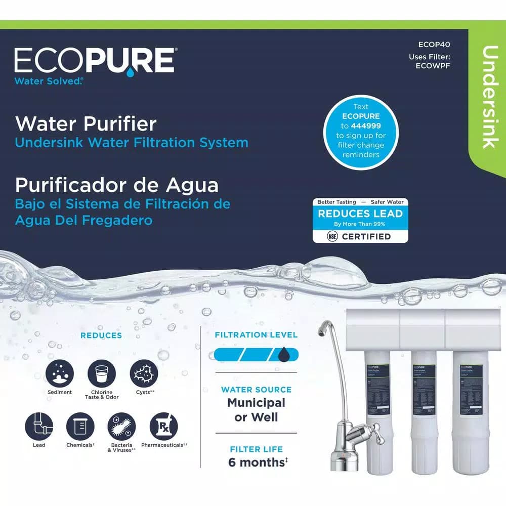 EcoPure Under Sink Water Purifier System with 3-Stage Carbon Block Filtration and Chrome Faucet