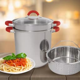 ExcelSteel 8 Qt. Stainless Steel Multi-Cooker Pasta Pot Set with Steamer Insert and Red Silicone Handles thumbnail 8