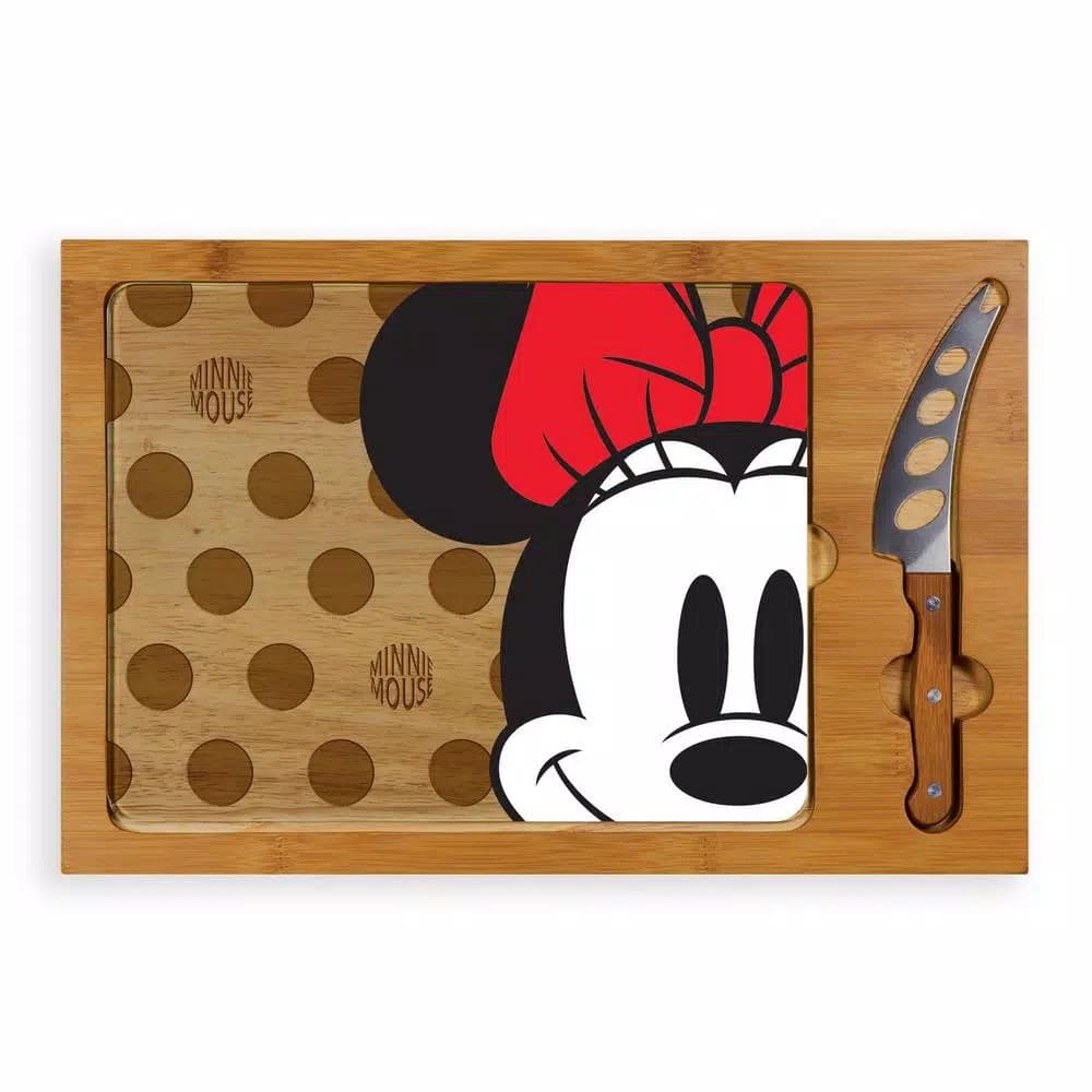 TOSCANA Minnie Mouse Icon Glass Top Serving Tray and Cheese Knife Set, Rubberwood & Bamboo
