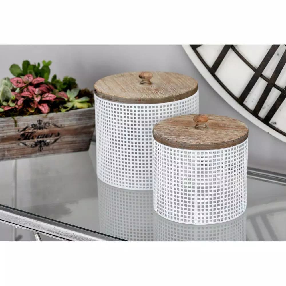 LITTON LANE White Iron Mesh Round Canisters with Wooden Lids, Set of 2