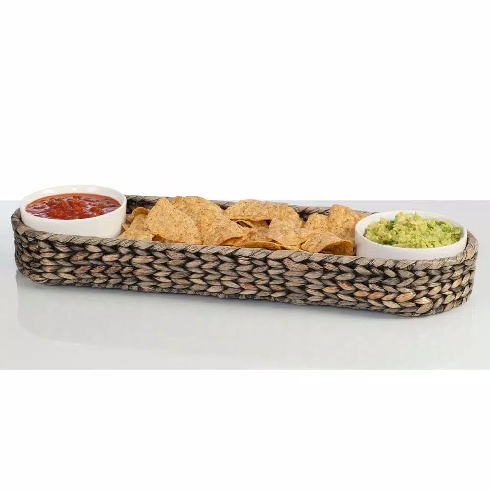 Unbranded CreativeWare Island Breeze 3-Piece Chip 'n Dip Server Set with Water Hyacinth Basket and Ceramic Bowls