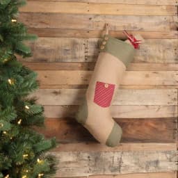 VHC Brands 20 in. Red Plaid and Jute Burlap Primitive Christmas Pocket Stocking thumbnail 3