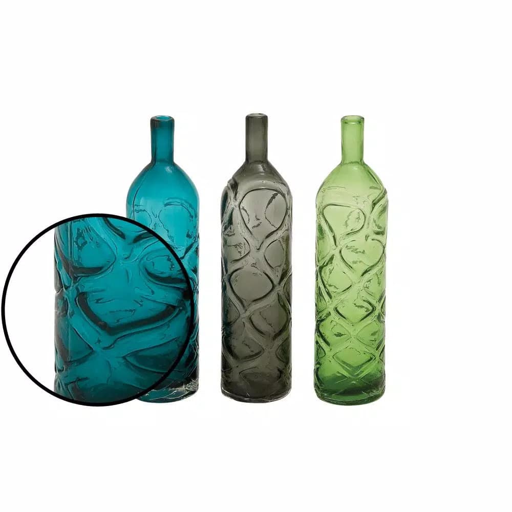 LITTON LANE 16 in. Polished Glass Spouted Vases with Geometric Embossed Embellishments, Set of 3
