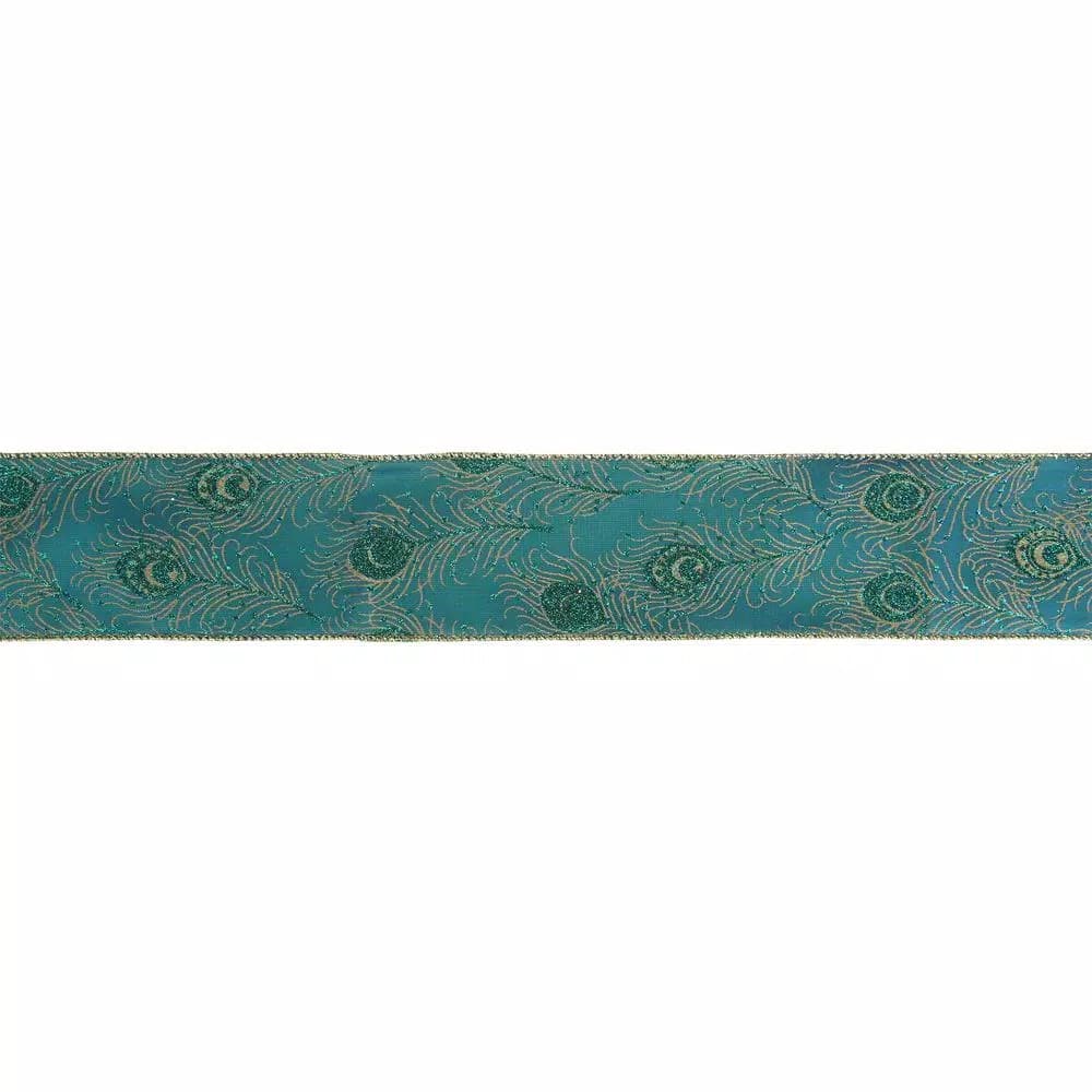 Northlight 2.5 in. x 16 yds. Green and Gold Peacock Feather Wired Craft Ribbon