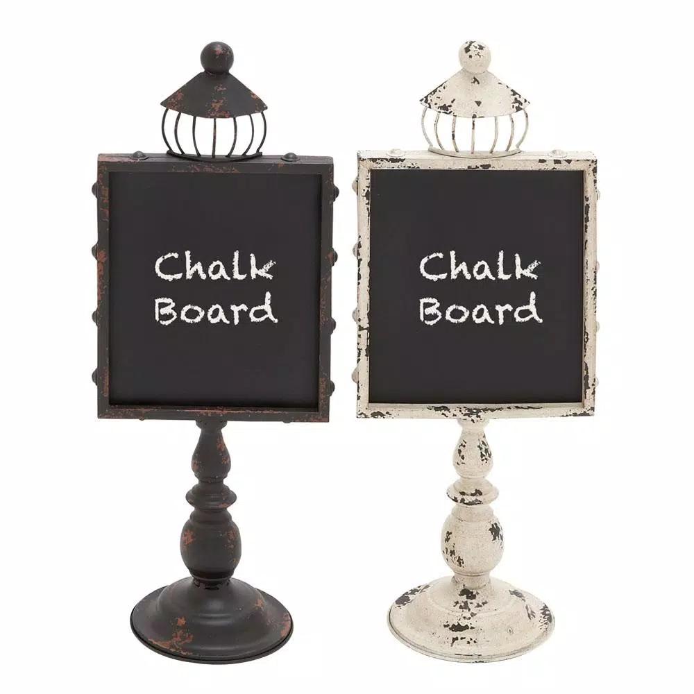LITTON LANE 21 in. Rustic Wooden Chalkboard Set with White and Black Iron Stands (2-Pack)