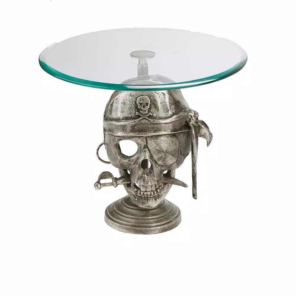 Mind Reader The Mind Reader 12 in. Silver Iron Pirate Head Cake Stand with Glass Top