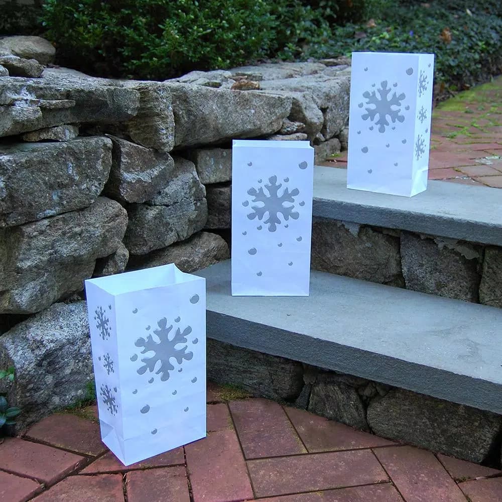 LUMABASE 11 in. Snowflake Flame Resistant Luminaria Bags, Set of 12, White with Silver Design