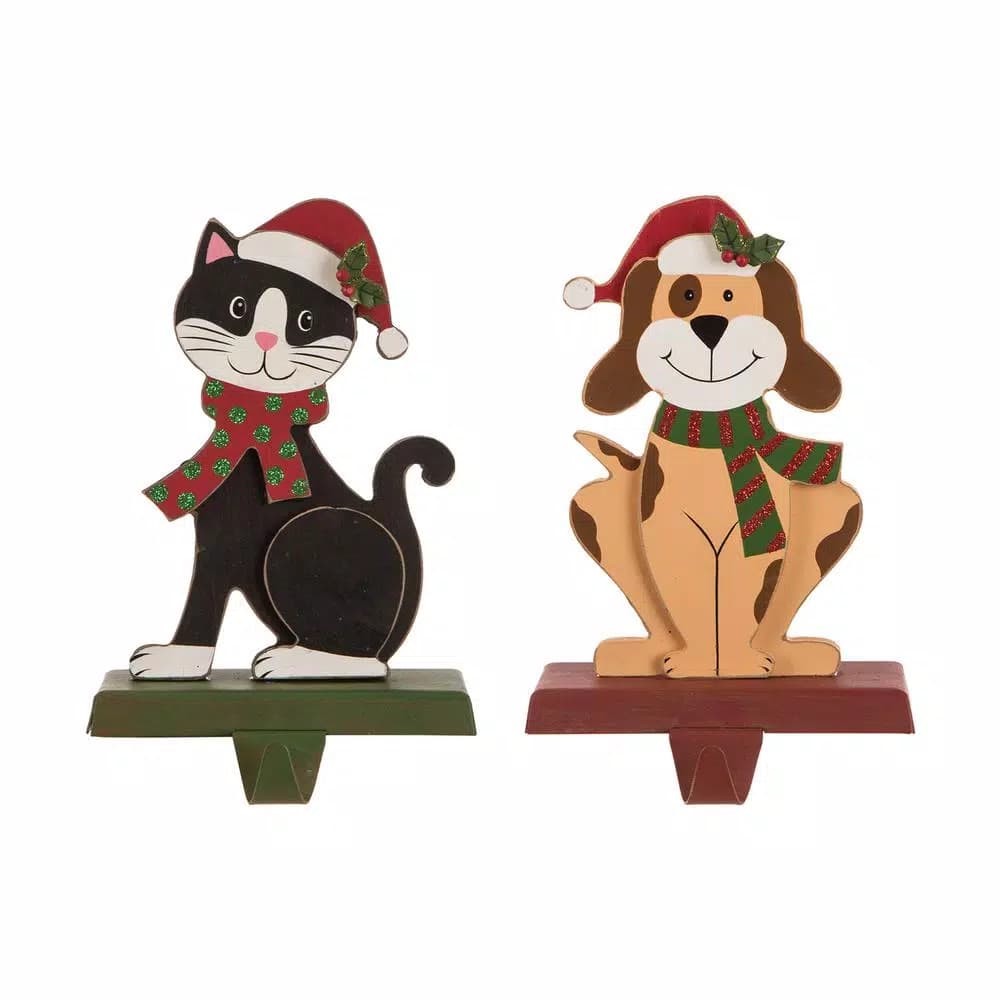 Glitzhome Wooden and Metal Cat and Dog Stocking Holder Set of 2