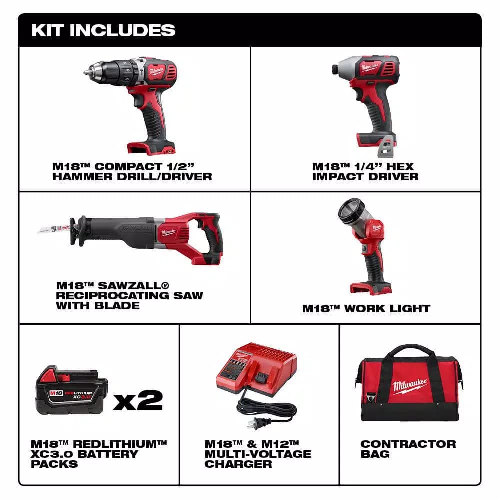 Milwaukee M18 18V Lithium-Ion Cordless 4-Tool Combo Kit with (2) 3.0 Ah Batteries, Charger, and Tool Bag