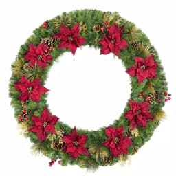 Home Accents Holiday Home Holiday Accents 48 in. Burgundy Poinsettia Mixed Pine Wreath with Berries and Gold Glitter Cedar thumbnail 1