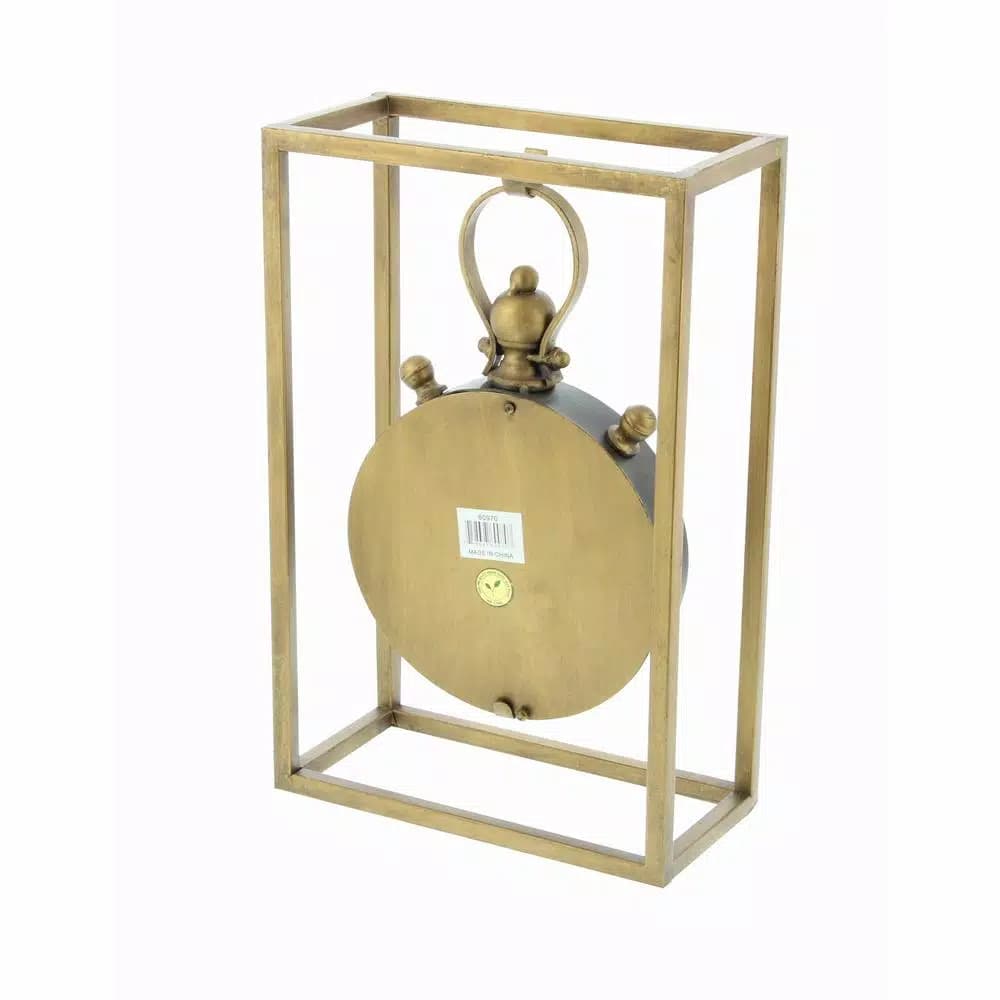 LITTON LANE 13 in. Round Iron Table Clock with Rectangular Metal Frame, Tarnished Bronze Finish
