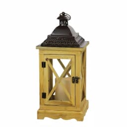 Gerson 17.5 in. Rustic Wooden Lantern with Brown Metal Top and LED Flameless Pillar Candle with Timer thumbnail 1