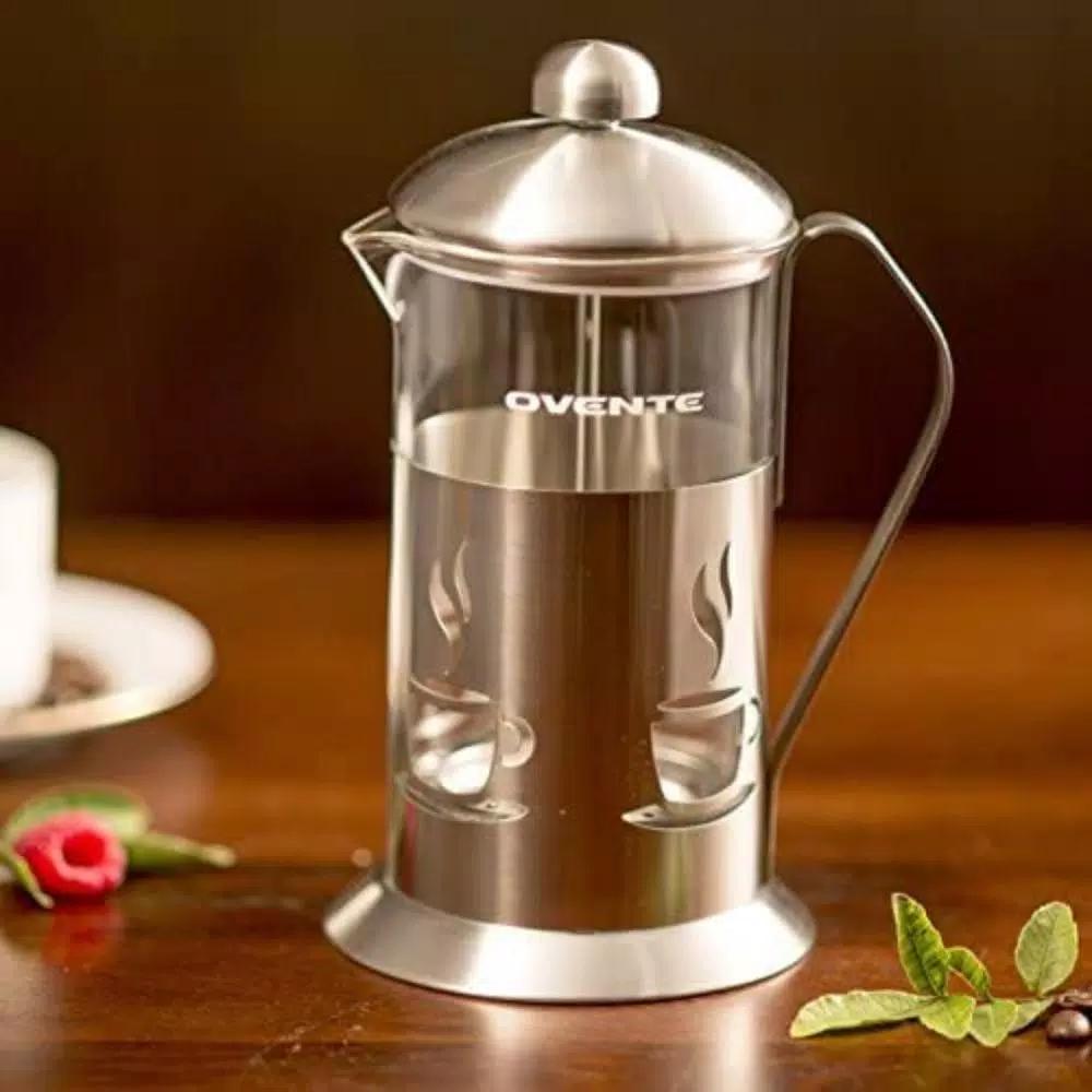 Ovente 34oz Silver French Press Coffee and Tea Maker with Borosilicate Glass Carafe and Measuring Scoop