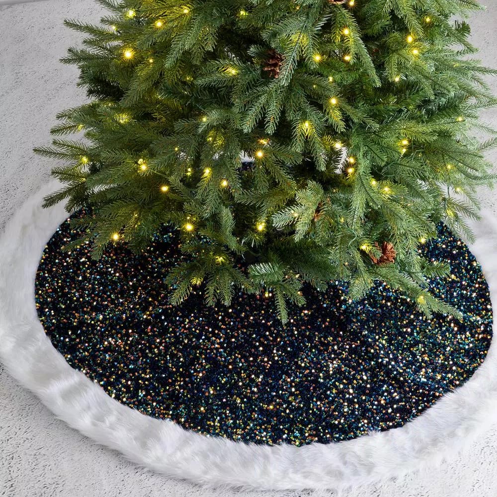 Glitzhome 48 in. Navy Blue Sequin Christmas Tree Skirt with White Faux Fur Cuff