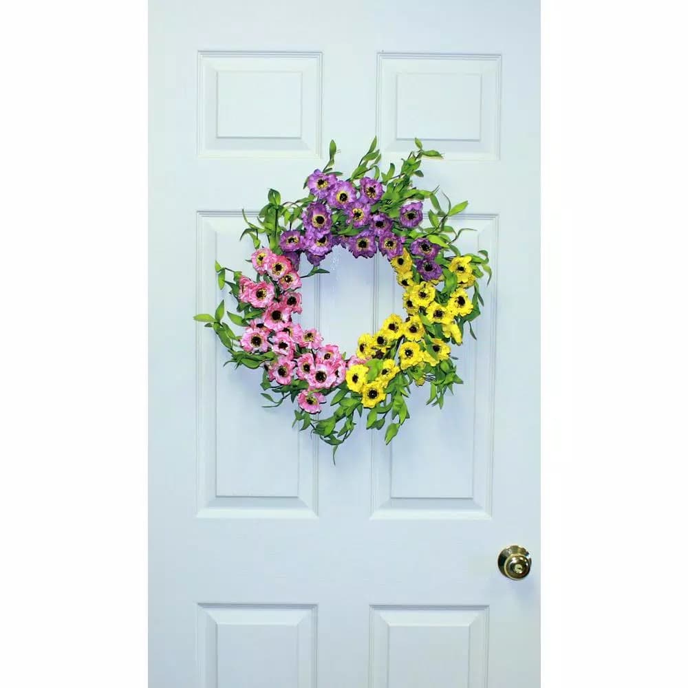 Worth Imports 20 in. Mixed Daisy Silk Flower Wreath - Pink, Purple, and Yellow