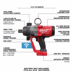 Milwaukee M18 FUEL 1 in. High Torque Impact Wrench with ONE-KEY, 18V Brushless Cordless (Tool-Only) thumbnail 3