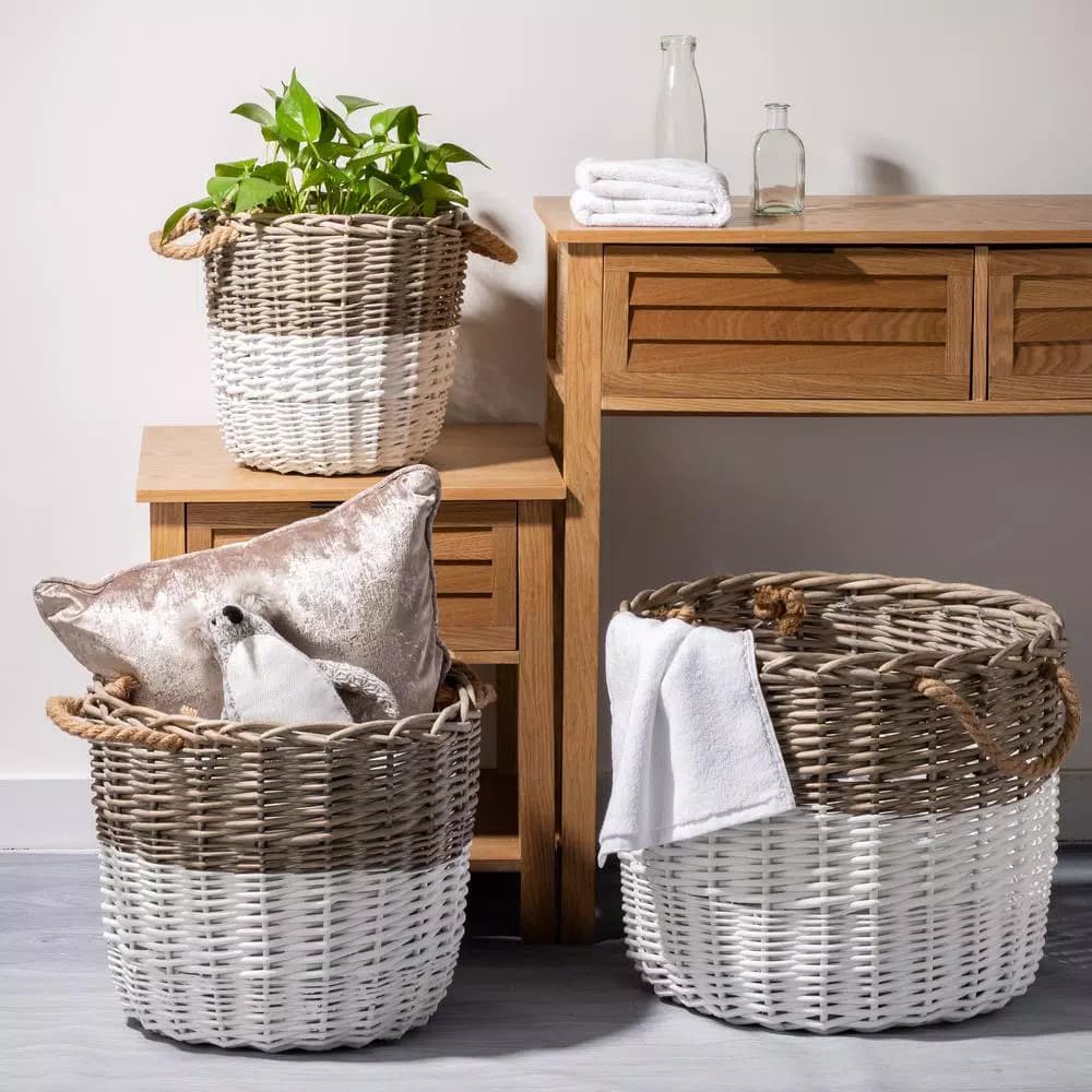 Glitzhome Natural Round Wicker Willow Baskets with Rope Handles, Set of 3, Farmhouse Style