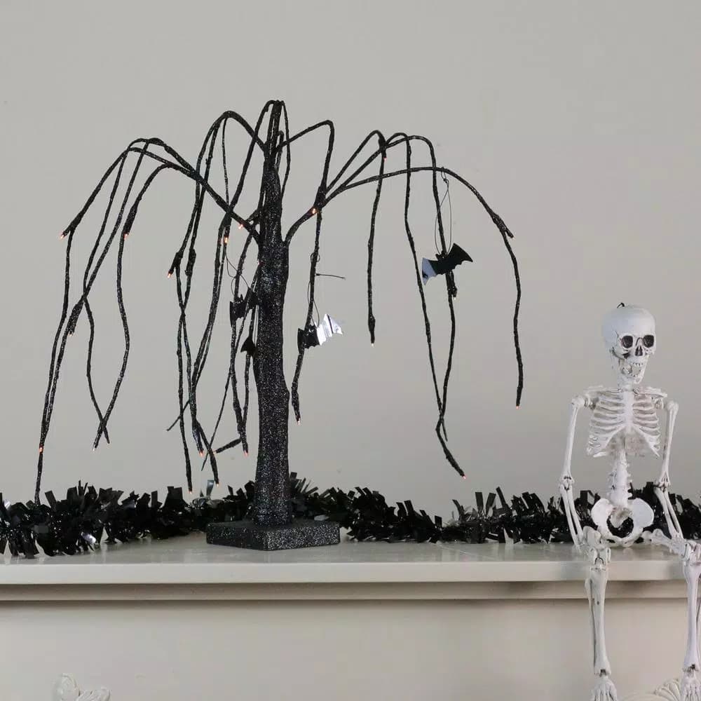Northlight 24 in. Pre-Lit Black Glitter Halloween Cascading Willow Tree with Bats and Orange LED Lights