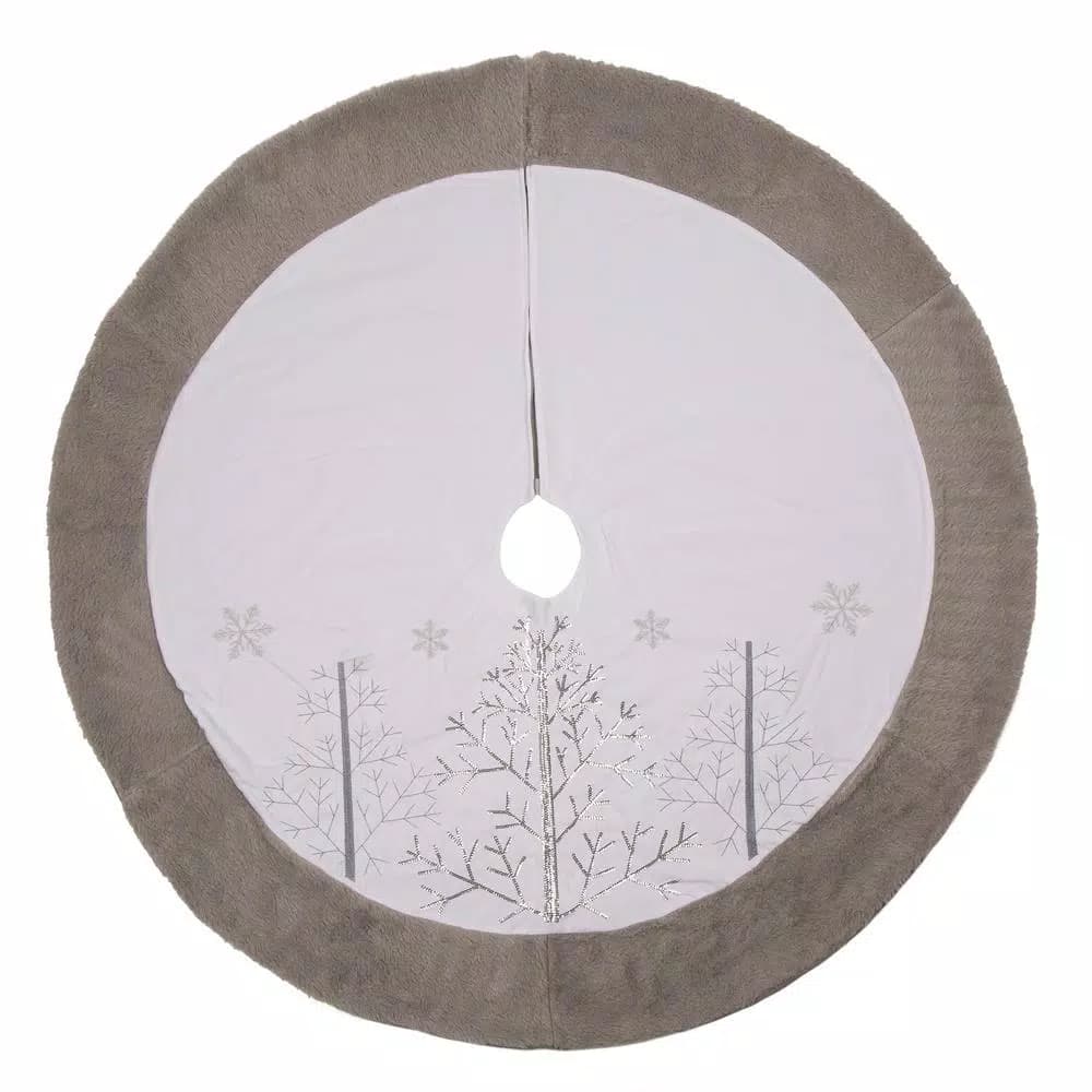 Glitzhome 48 in. White Faux Fur Christmas Tree Skirt with Grey Edge
