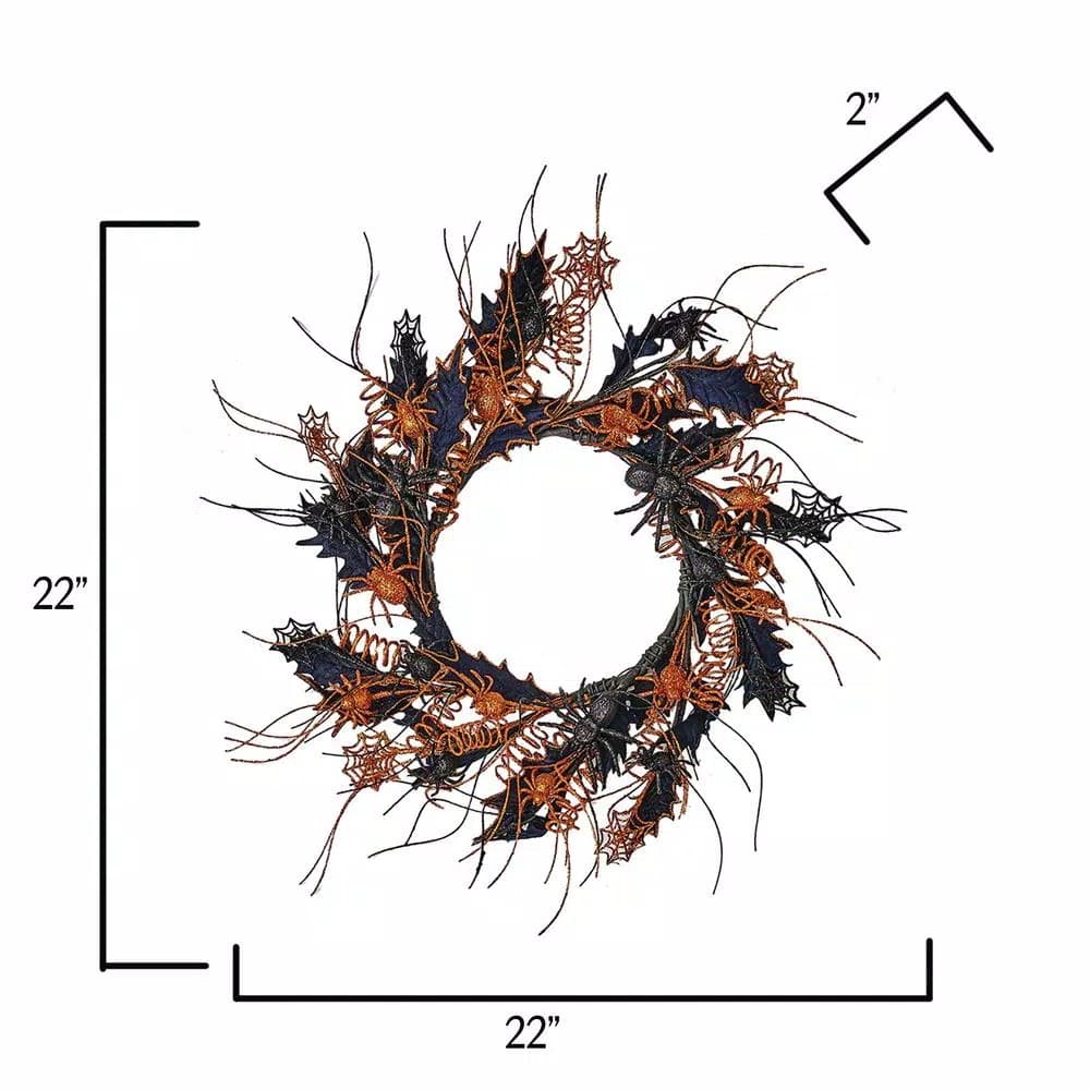 Worth Imports 22 in. Halloween Spider Wreath with Glitter Black and Orange Webs and Leaves