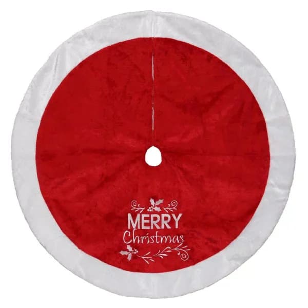 Dyno 48 in. Red Super Plush Embroidered Merry Christmas Tree Skirt with White Border