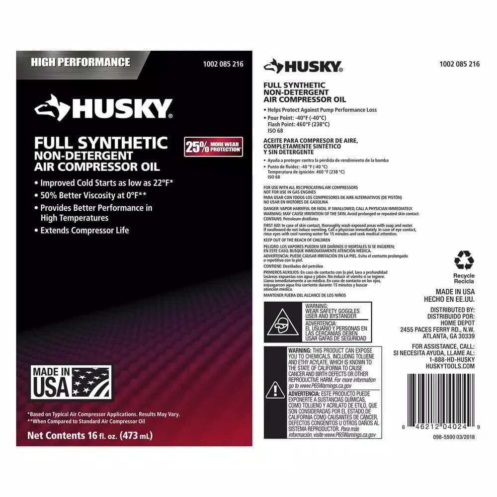 Husky 16 oz. 100% Full Synthetic Air Compressor Oil, ISO 68