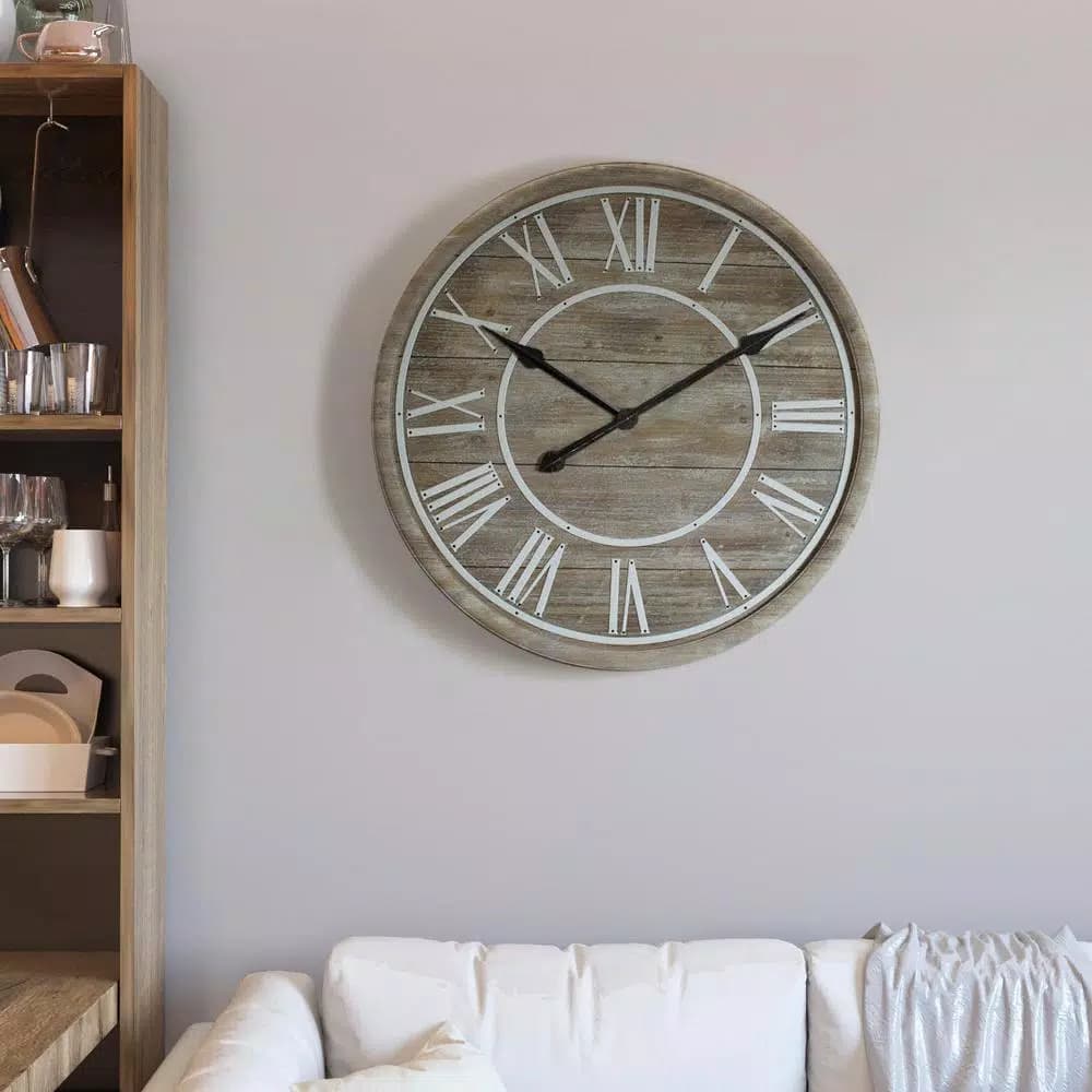 Yosemite Home Decor Rustic Age Distressed Brown Oversized 31-in Wall Clock - Industrial Wood & Metal Design