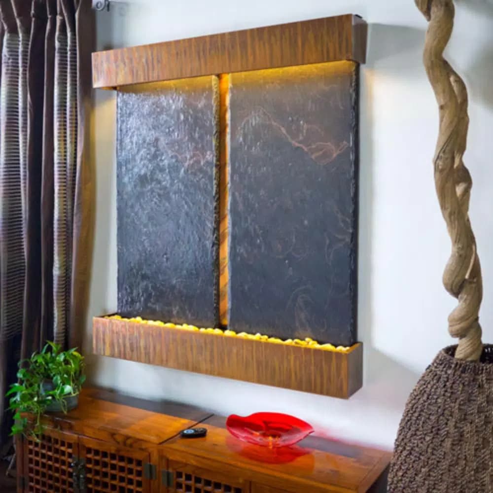 Water Wonders Nojoqui Falls Double Slate Wall Fountain with Copper Patina Trim