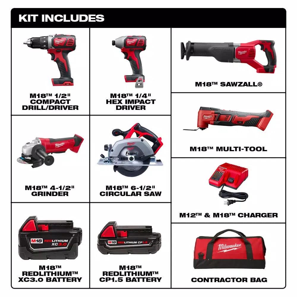 Milwaukee M18 18V Lithium-Ion Cordless 6-Tool Combo Kit with 2 Batteries, Charger and Tool Bag