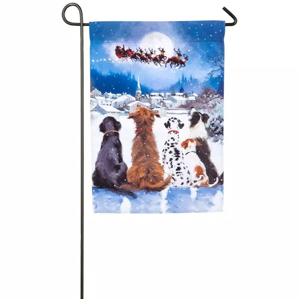 Evergreen 18 x 12.5 in. Christmas Dogs Garden Satin Flag - Holiday Dog Scene with Santa's Sleigh