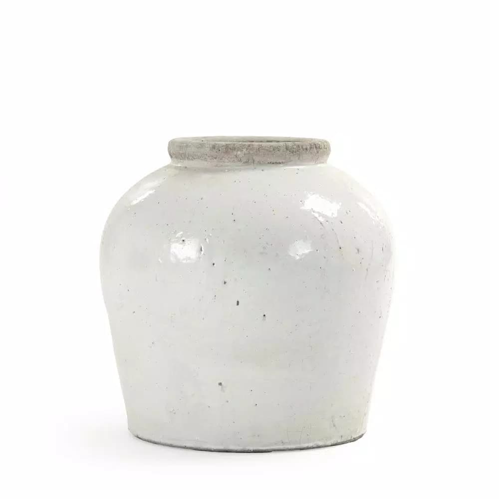 Zentique Terracotta Glazed Large Ceramic Decorative Vase - Distressed White Round Table Vase