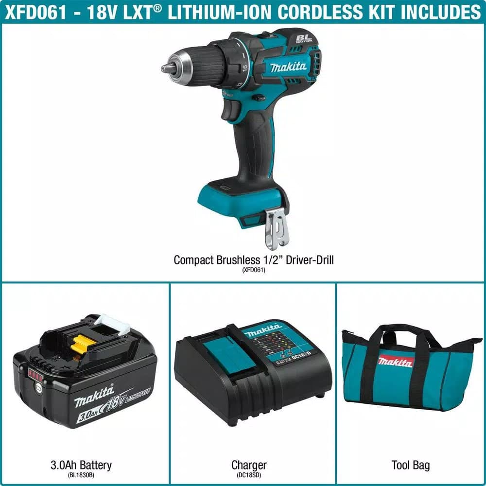 Makita 18V LXT Brushless 1/2 in. Driver-Drill Kit with 3.0Ah Battery and Charger