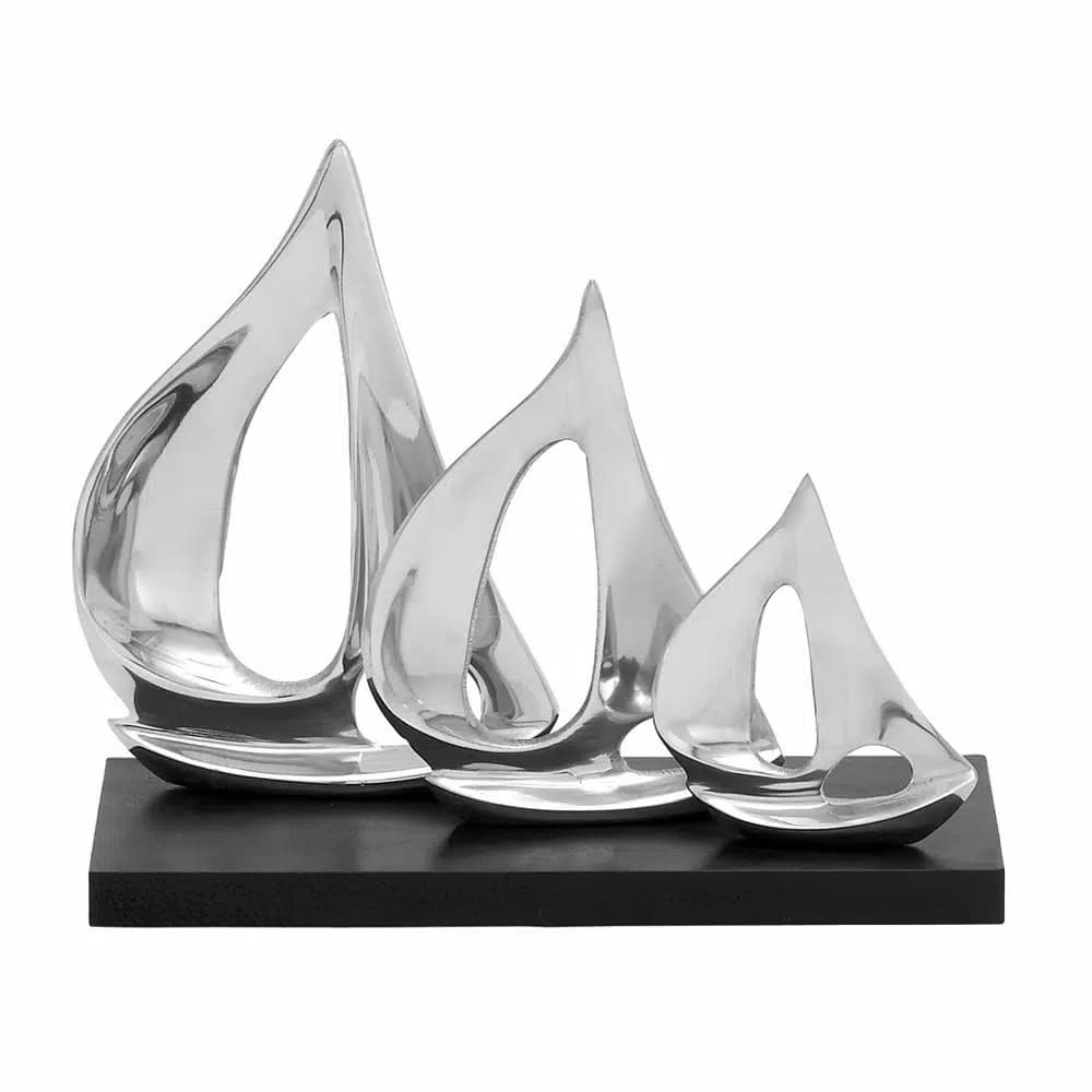 LITTON LANE 9 in. Stylized Sailboat Decorative Sculpture - Polished Silver Aluminum on Black Wood Base