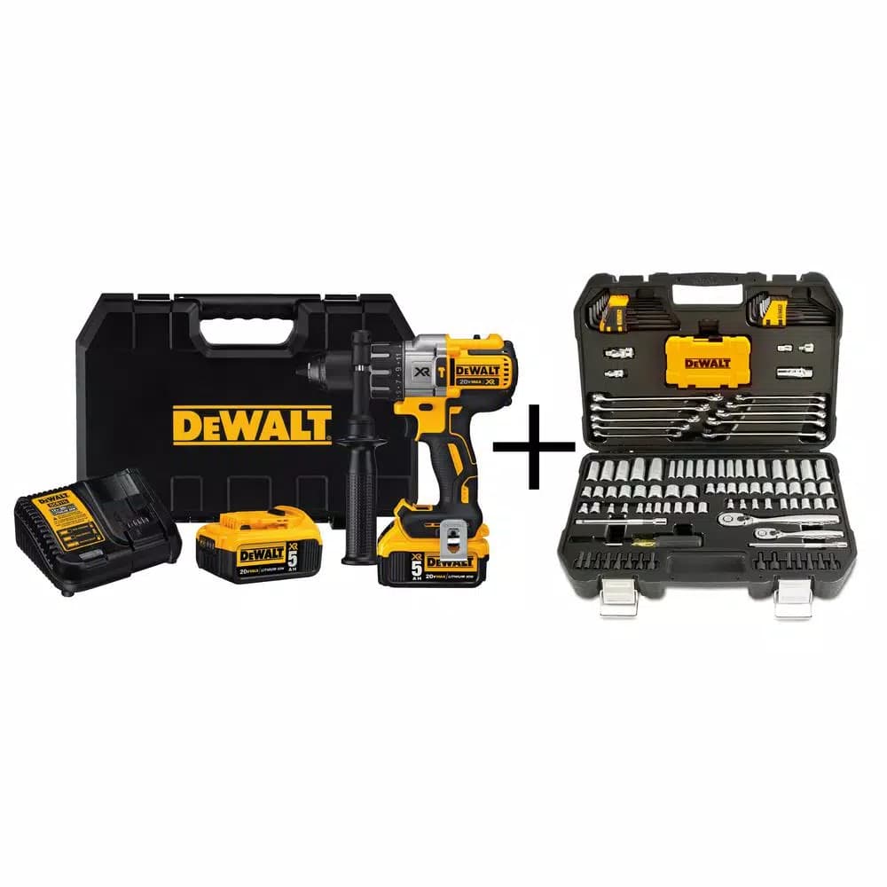DEWALT 20V MAX XR Brushless 1/2 in. Hammer Drill Kit with (2) 5.0 Ah Batteries & 142-Piece Mechanics Tool Set
