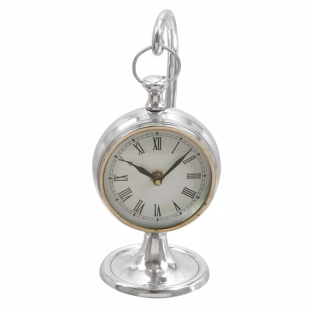 LITTON LANE Classic Aluminum Round Table Clock with Roman Numerals, 11 x 5 in.