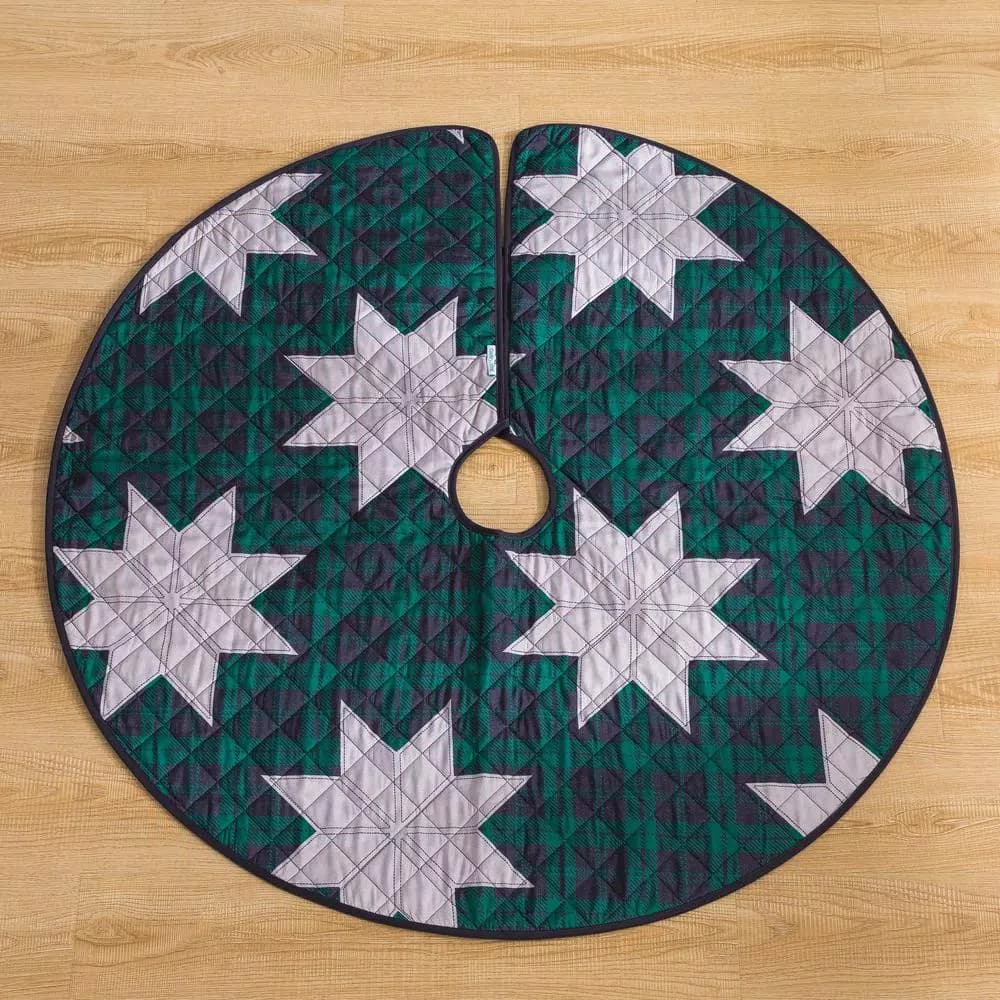Country Living 48 in. Christmas Carol Plaid and Star Quilted Tree Skirt, Navy and Green