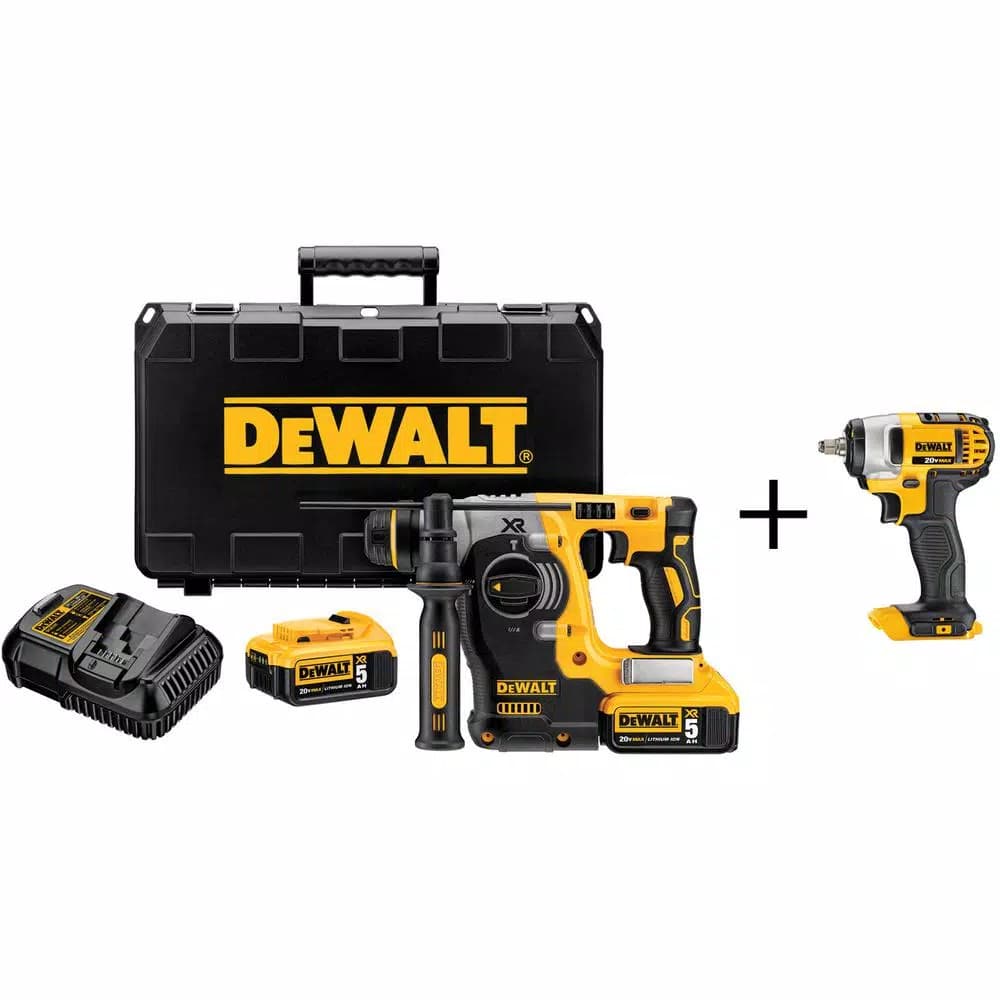 DEWALT 20V MAX XR Brushless 1 in. SDS Plus Rotary Hammer Kit with (2) 5.0Ah Batteries & 3/8 in. Impact Wrench