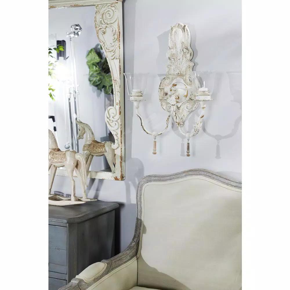 LITTON LANE Distressed White 2-Light Candle Sconce with Acanthus Carvings and Wood Bead Accents