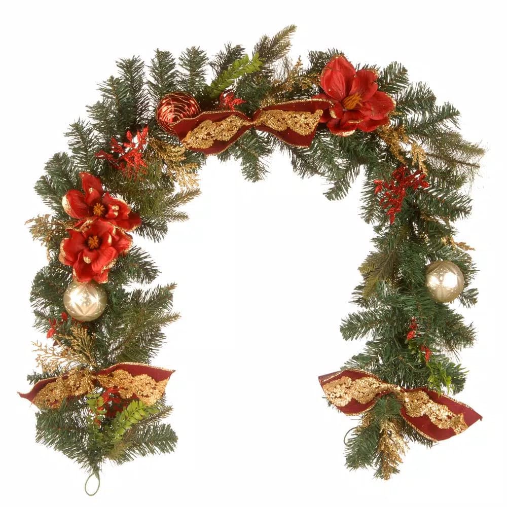 National Tree Company 6 ft. Artificial Evergreen Holiday Garland with Red Poinsettias, Ball Ornaments, and Red Bows