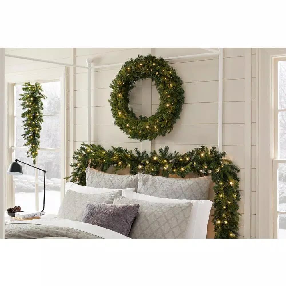 Home Accents Holiday 12 ft. Noble Fir Pre-Lit LED Christmas Garland with Timer, Warm White Micro Dot Lights